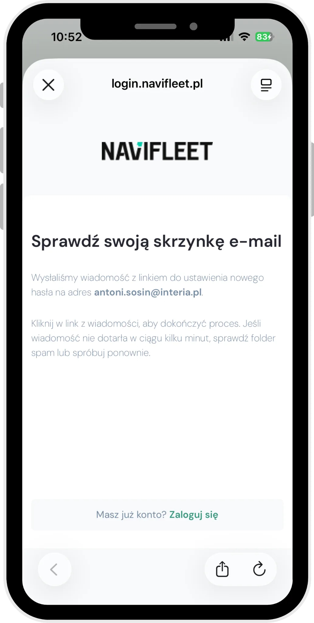 Setting a new password – screenshot of the Navifleet app