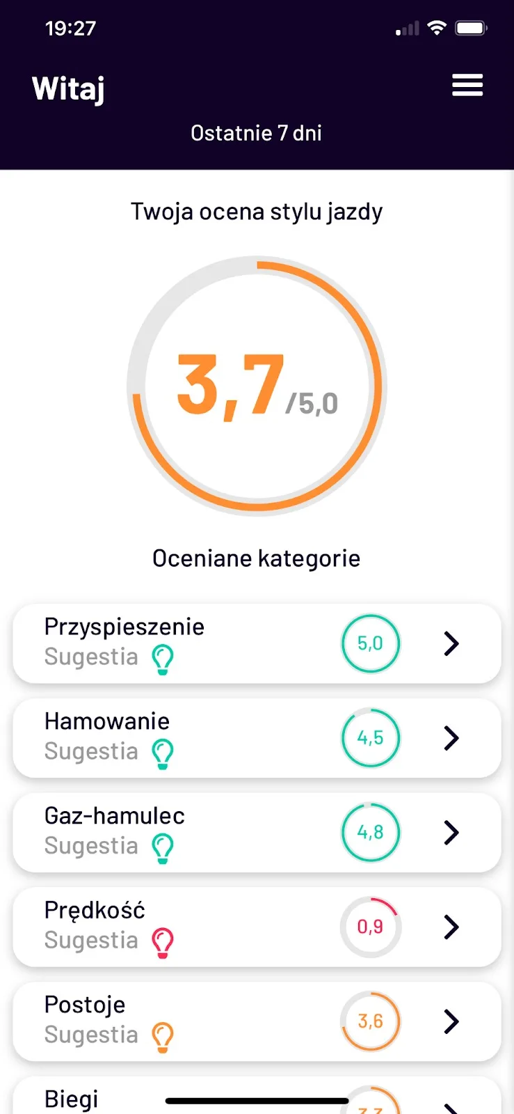 Driving style rating in the Navifleet Driver app – screenshot