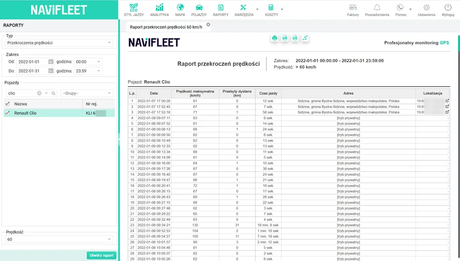Private mode in the Speeding report – screenshot of the Navifleet app