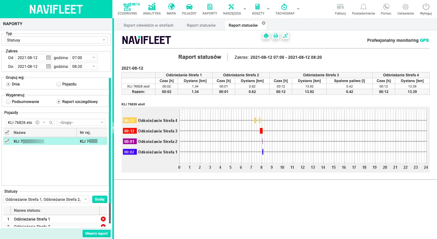 Displaying a status in the route history or in a report – screenshot of the Navifleet app