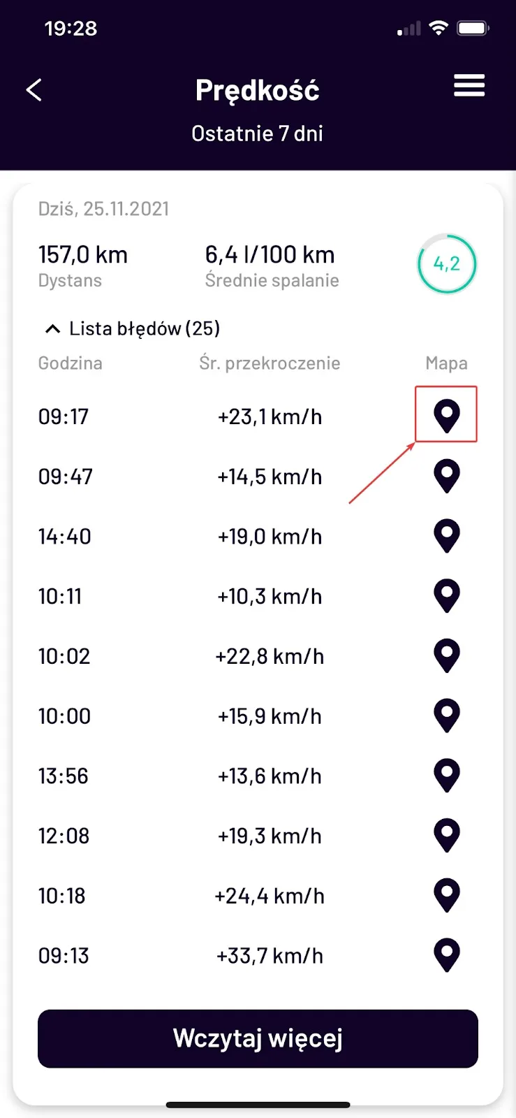 Driving style rating in the Navifleet Driver app – screenshot