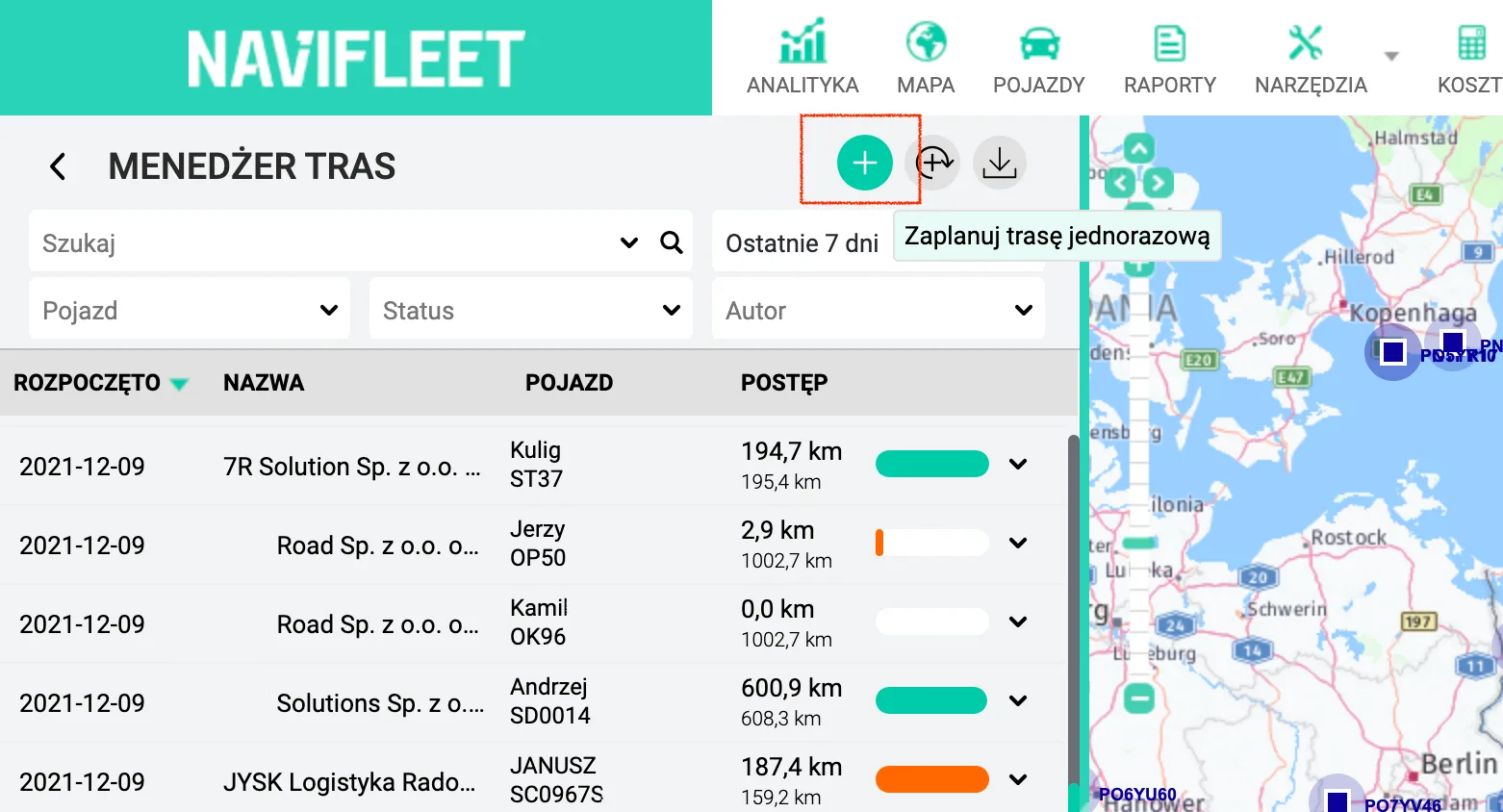 Planning a one-off route – screenshot of the Navifleet app