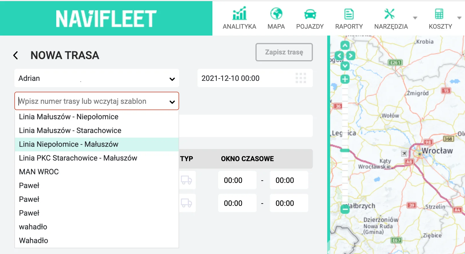 Creating route templates and recurring routes – screenshot of the Navifleet app