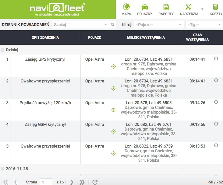 Alerts table from the Navifleet GPS tracking system