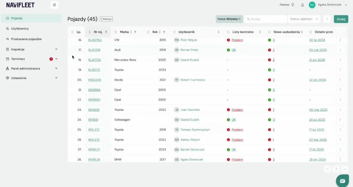 How to display the list of reported defects? – screenshot of the Navifleet app