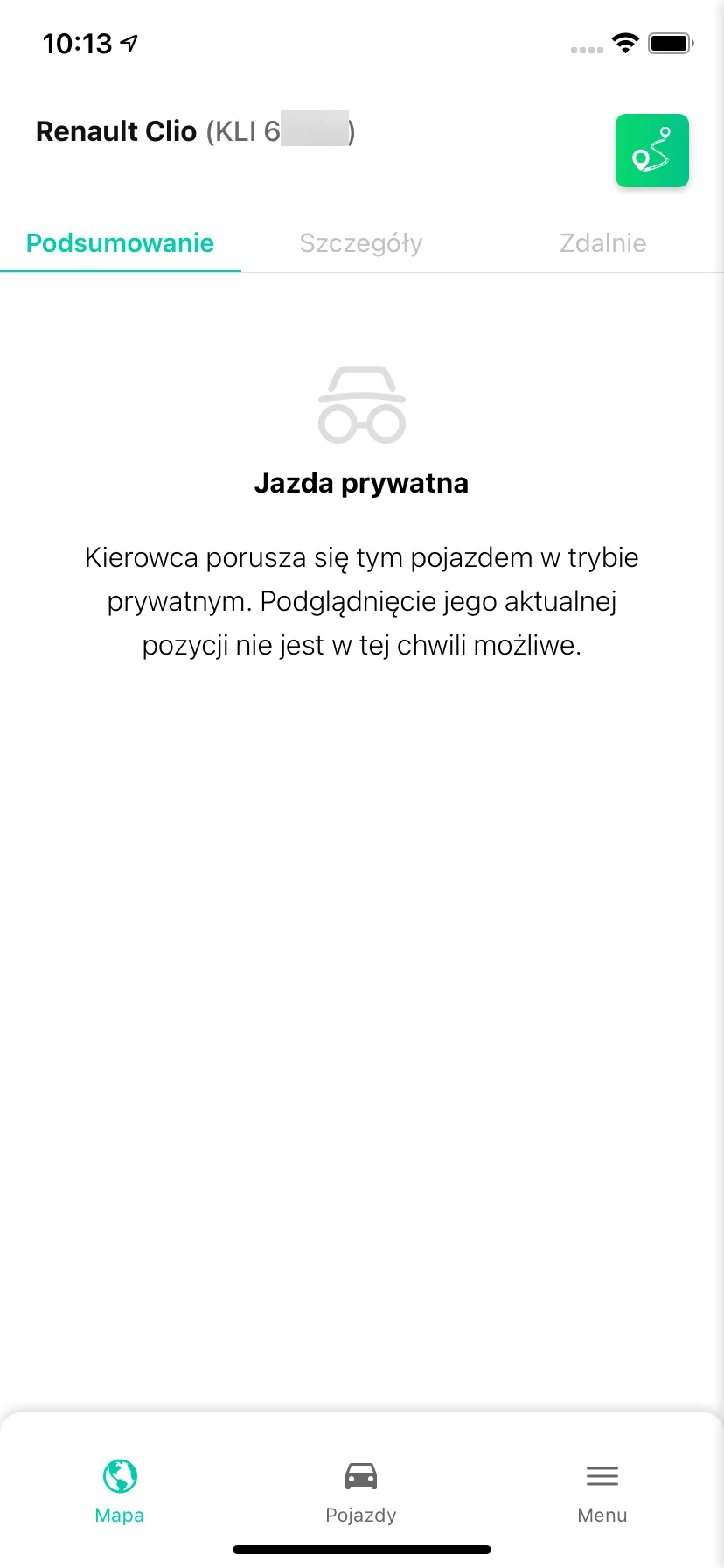 Current position in private mode – screenshot of the Navifleet app