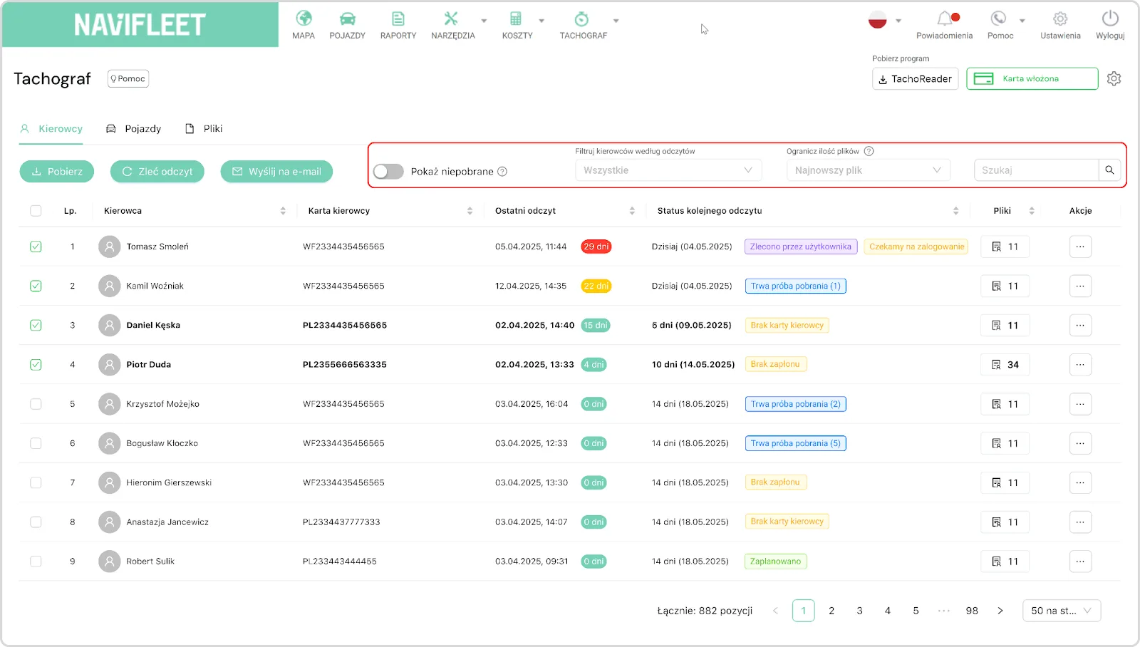 Filters – screenshot of the Navifleet app