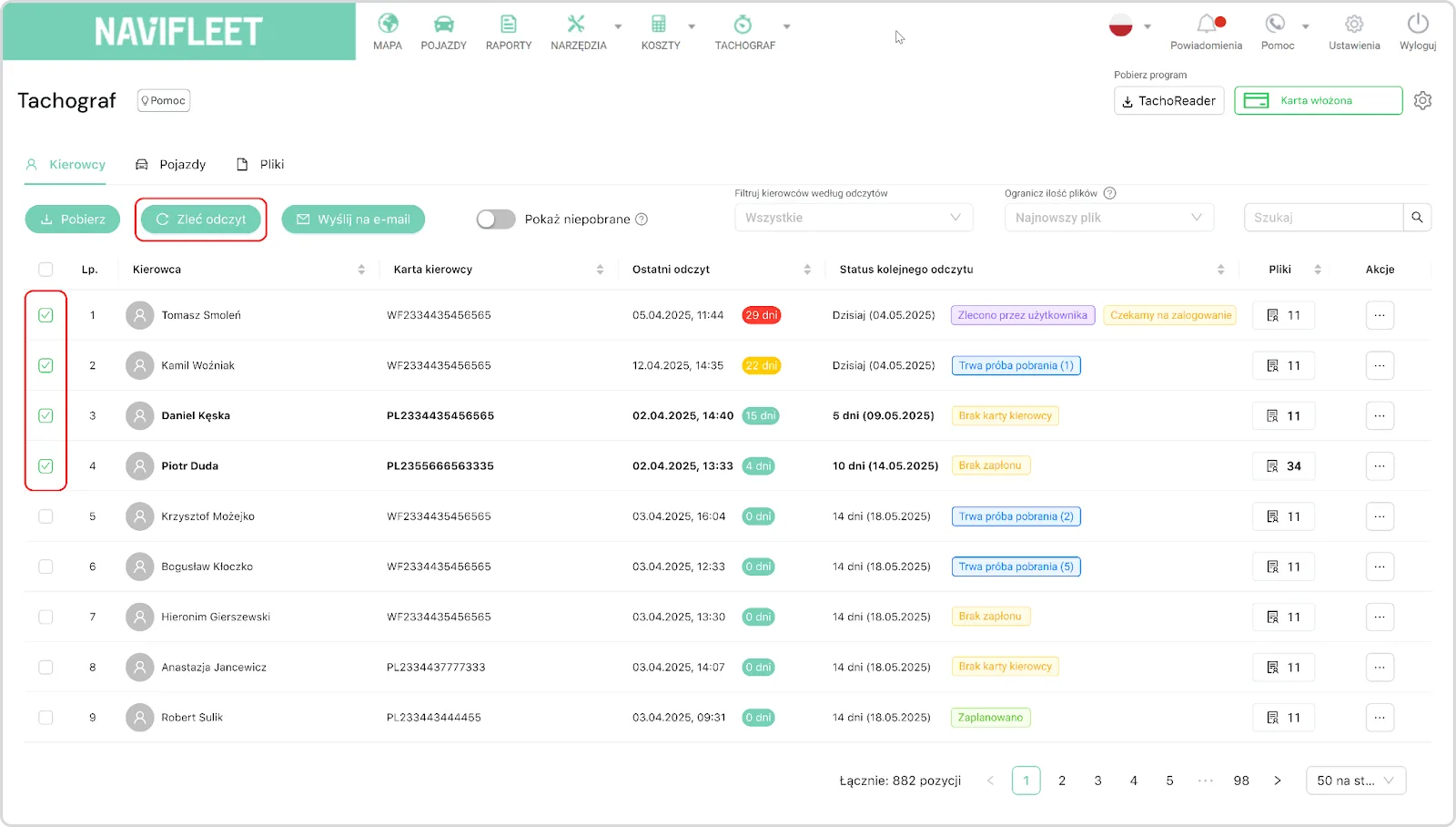 Adding a download request manually (outside the schedule) – screenshot of the Navifleet app