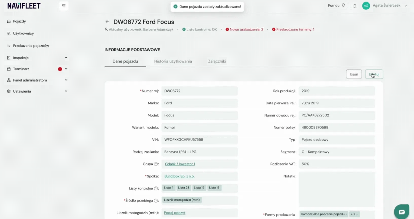 Selecting the mileage source when editing a vehicle – screenshot of the Navifleet app