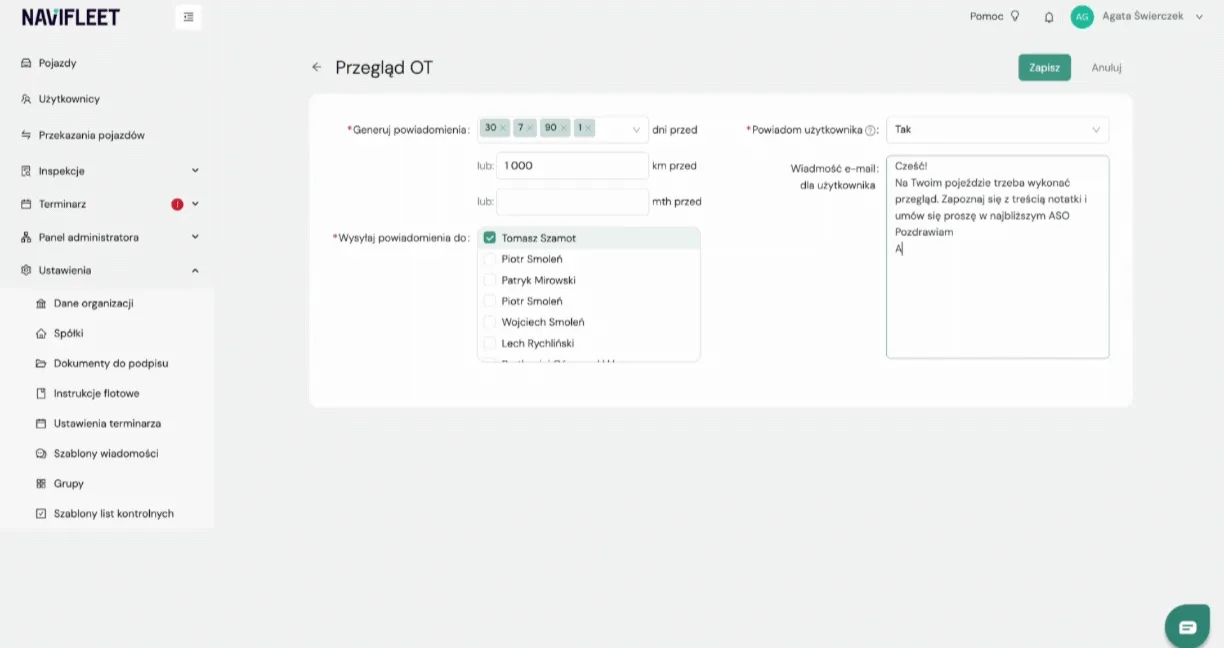 In this field you can enter the text of the message that will be sent to the relevant user together with the notification. – screenshot of the Navifleet app