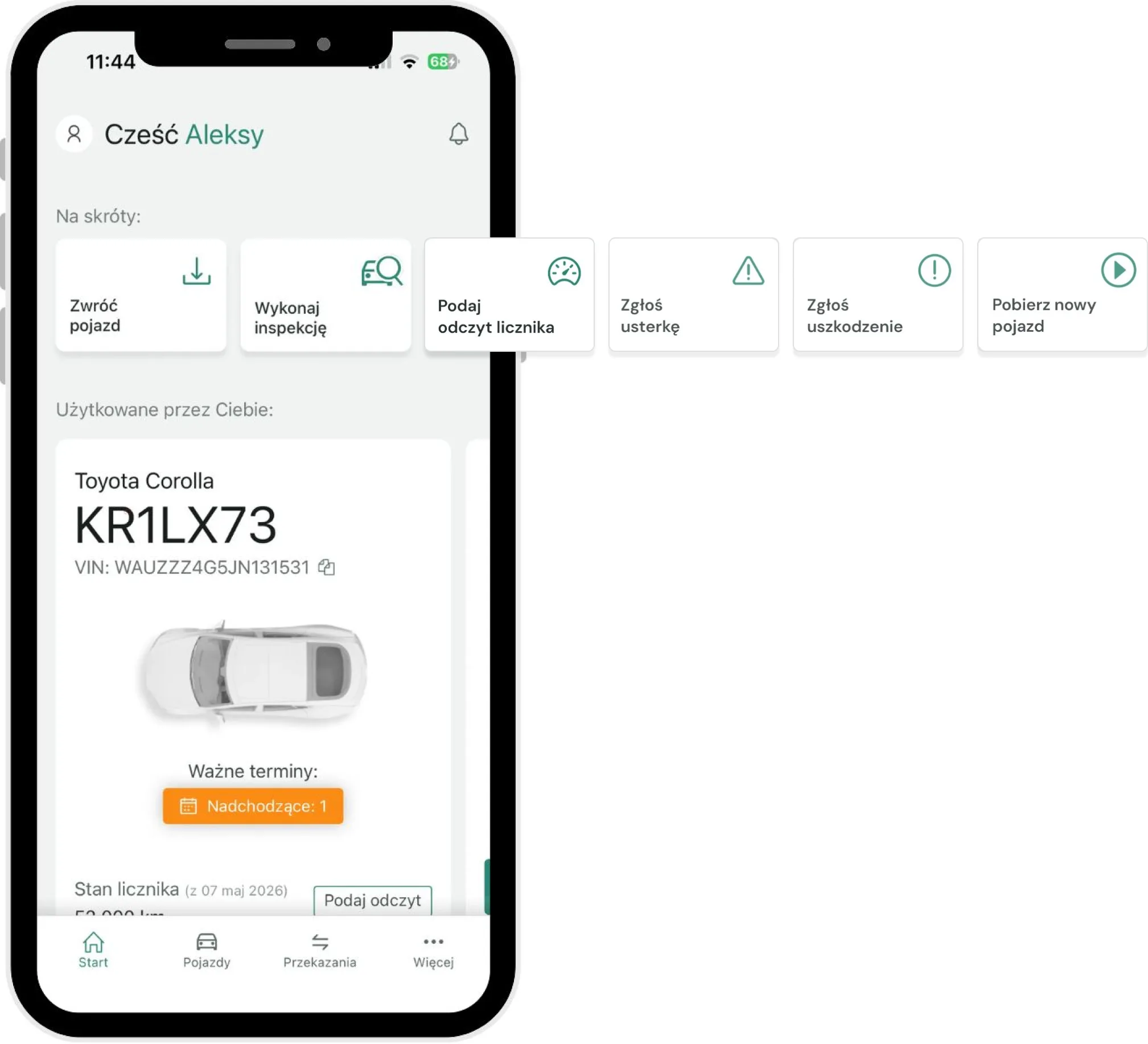 Information about the vehicle in use – screenshot of the Navifleet app