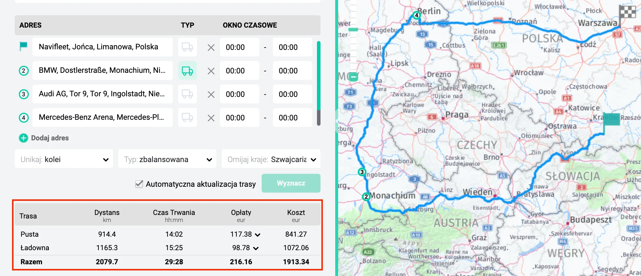 Planning a one-off route – screenshot of the Navifleet app