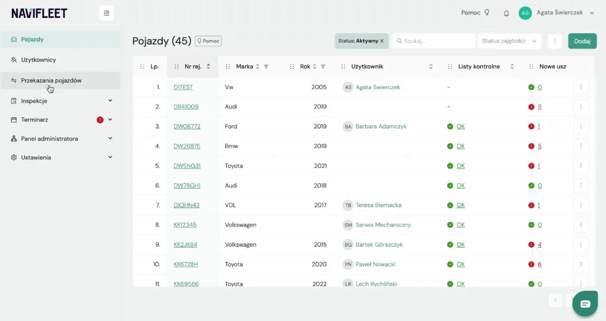 Method II - Vehicle handovers – screenshot of the Navifleet app