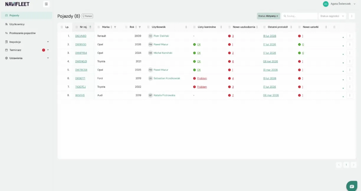 Exporting the vehicle list – screenshot of the Navifleet app