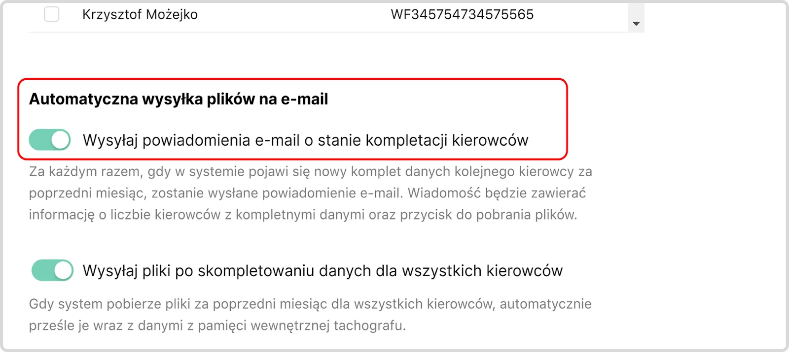Automatic sending of files by e-mail – screenshot of the Navifleet app