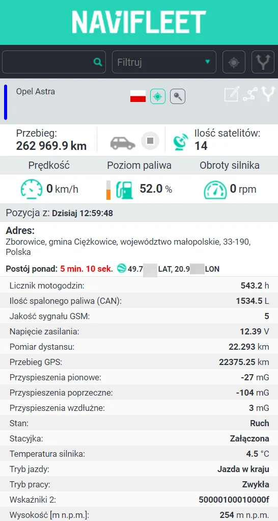 Online location – screenshot of the Navifleet app