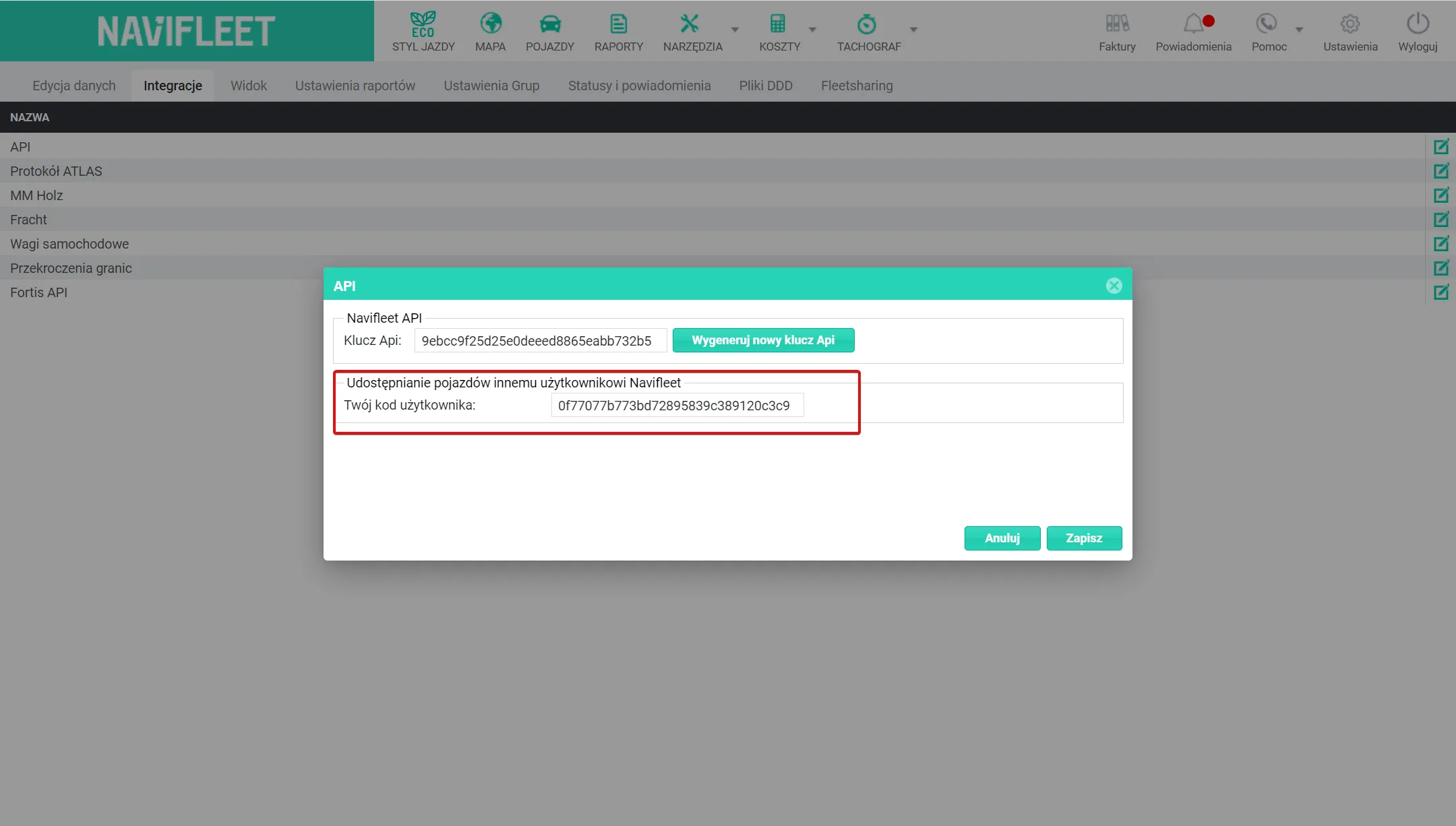 How to share vehicle data with another Navifleet user – screenshot