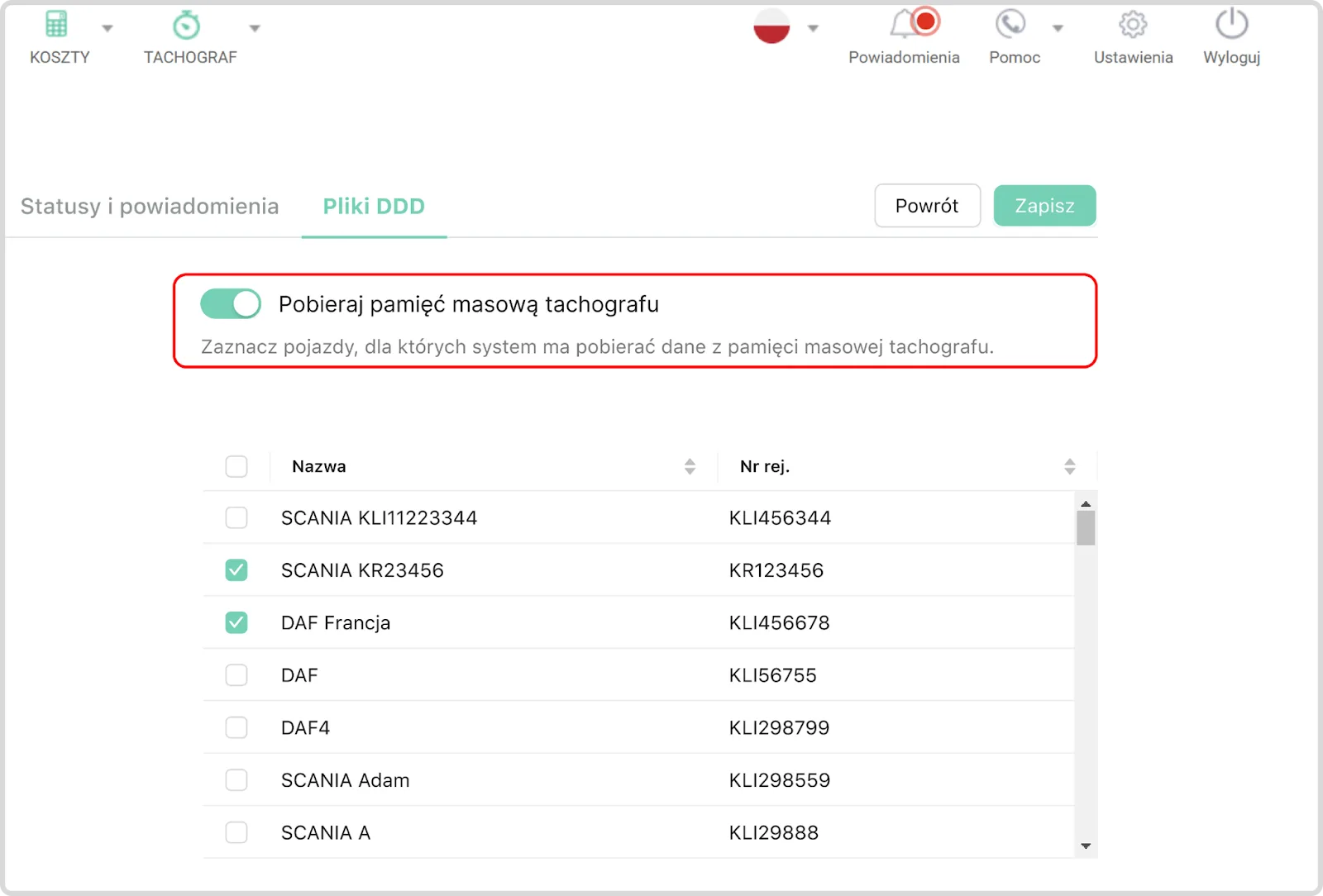 Downloading data from the tachograph mass memory – screenshot of the Navifleet app