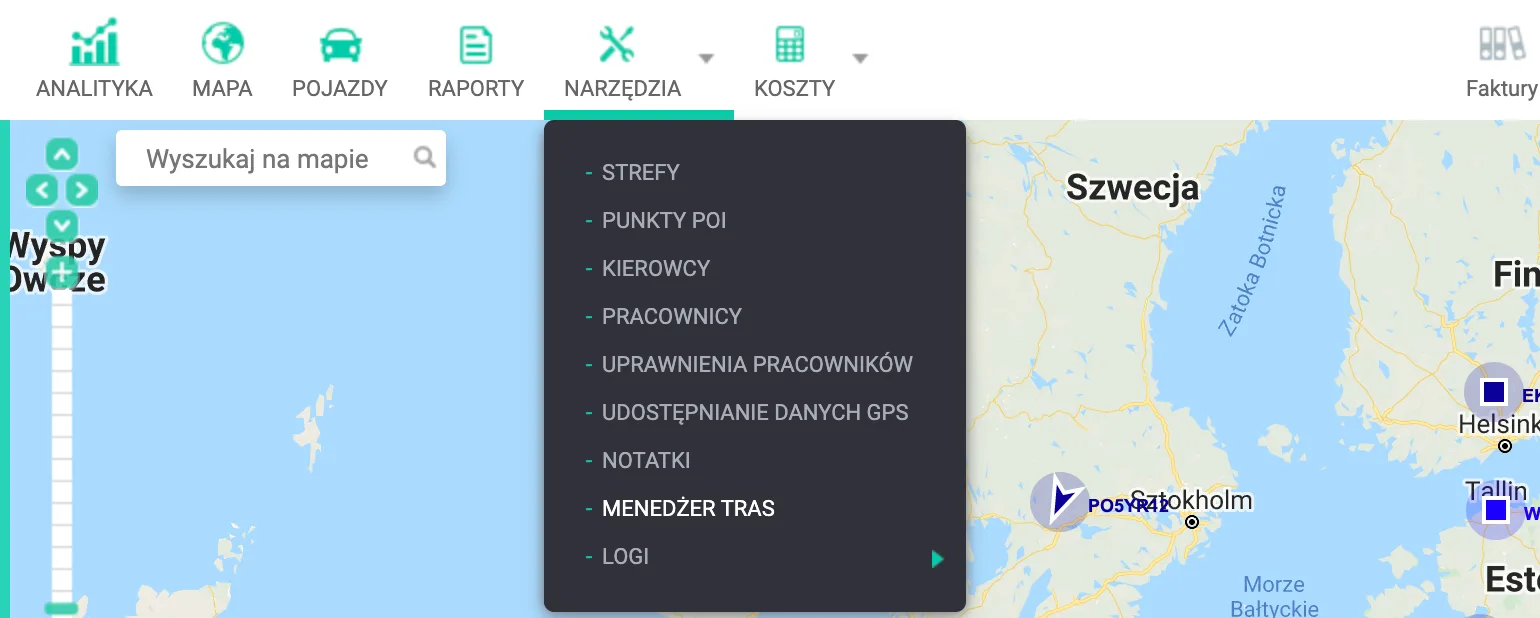 Planning a one-off route – screenshot of the Navifleet app