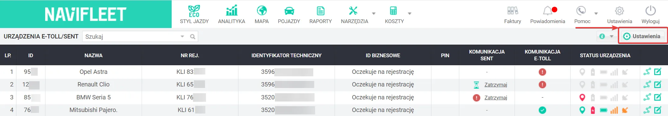 Description of the fields displayed: – screenshot of the Navifleet app