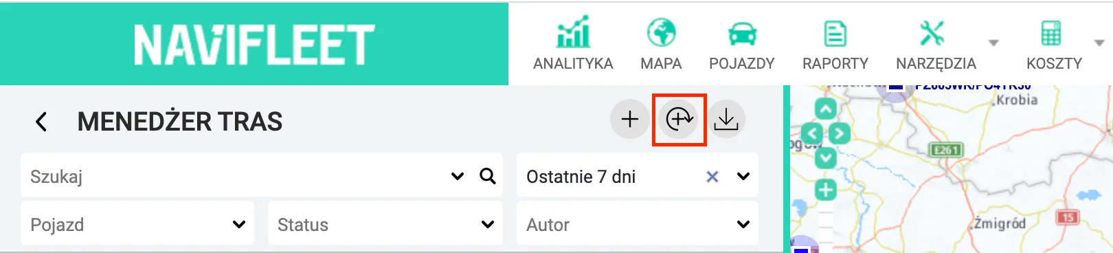 Creating route templates and recurring routes – screenshot of the Navifleet app