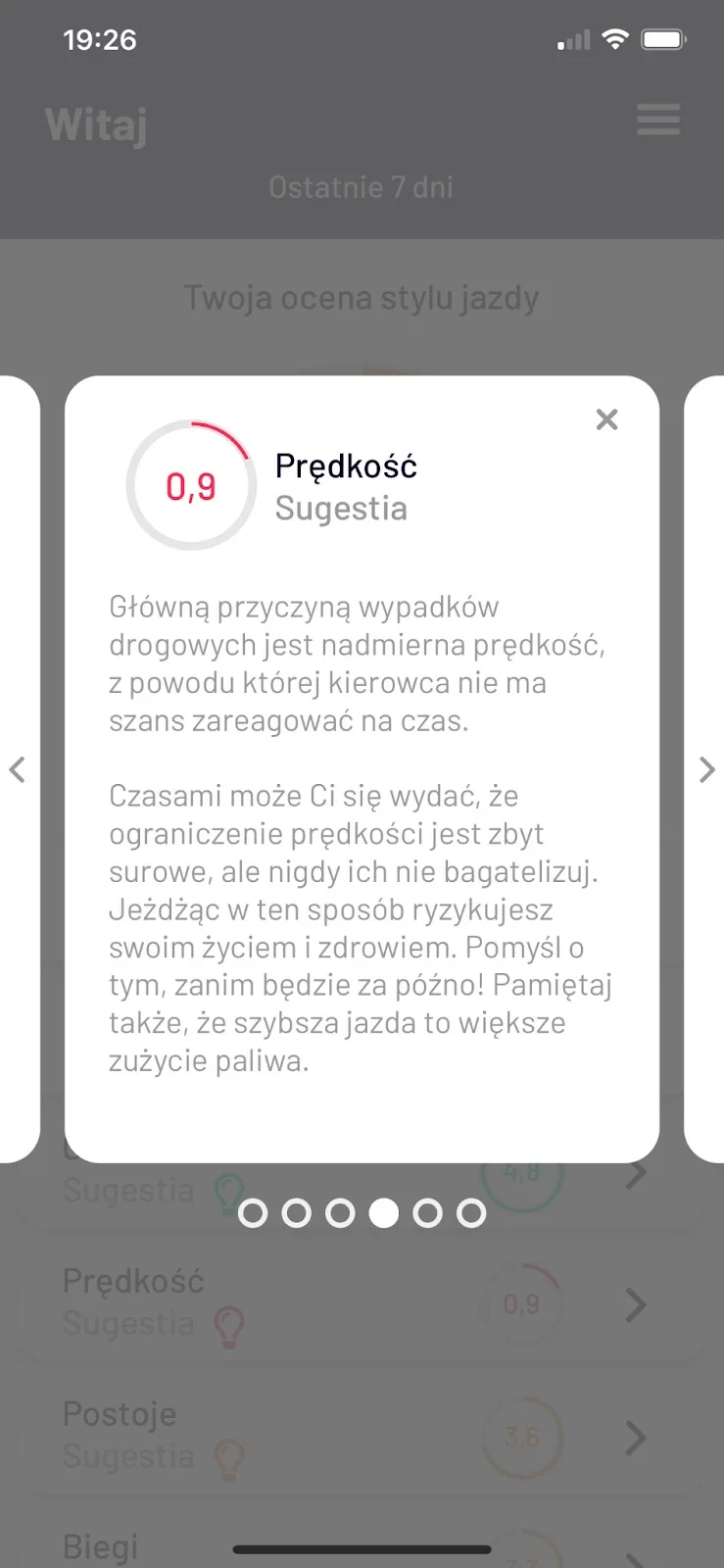 Driving style rating in the Navifleet Driver app – screenshot