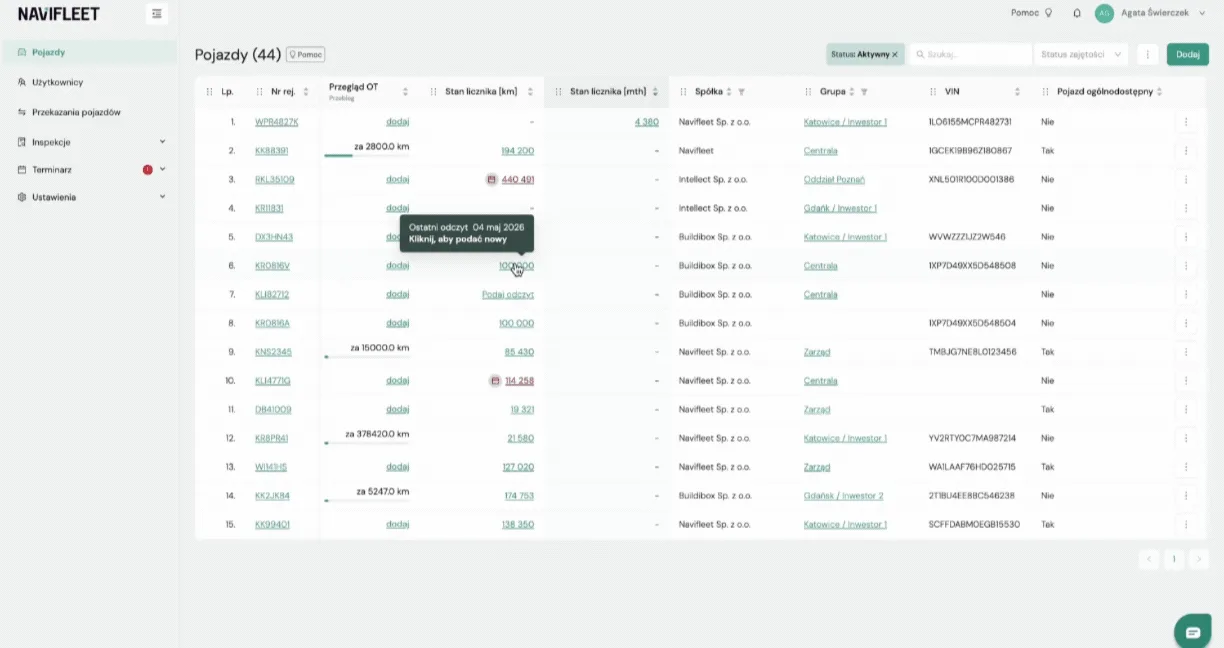 Updating the odometer reading in the web system – screenshot of the Navifleet app