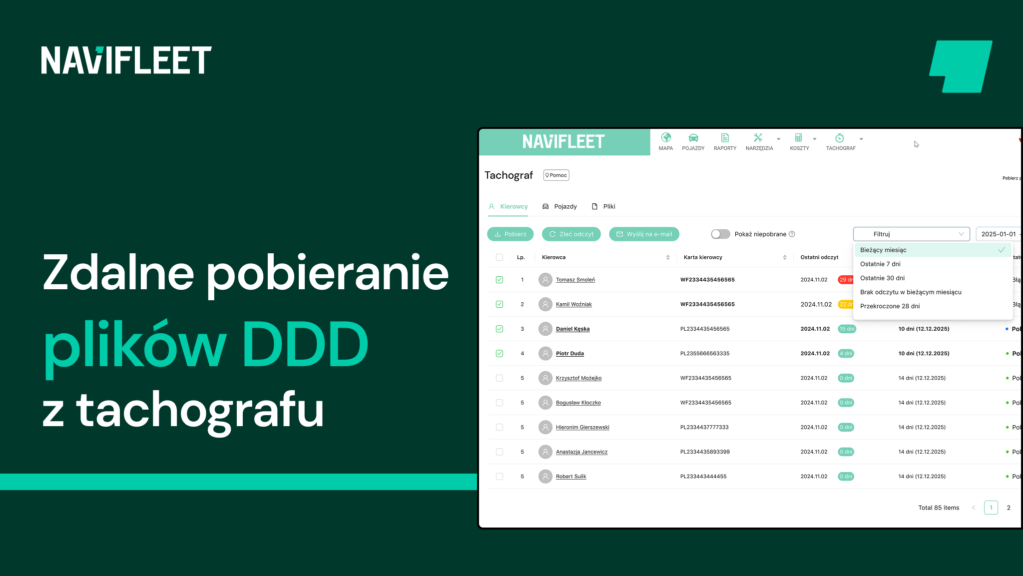 Download DDD files from the tachograph remotely with Navifleet