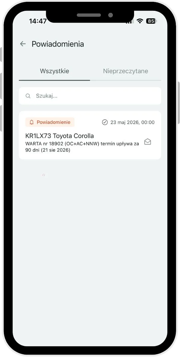 Notifications – screenshot of the Navifleet app