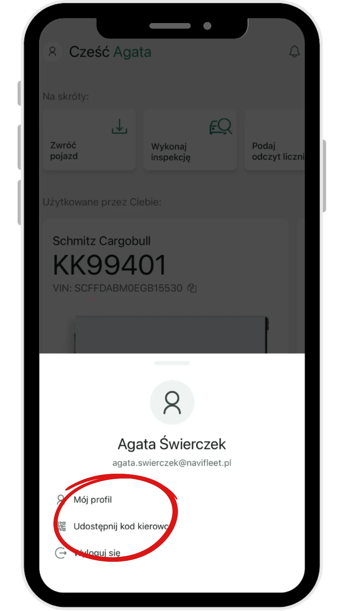 The driver receiving the vehicle: – screenshot of the Navifleet app