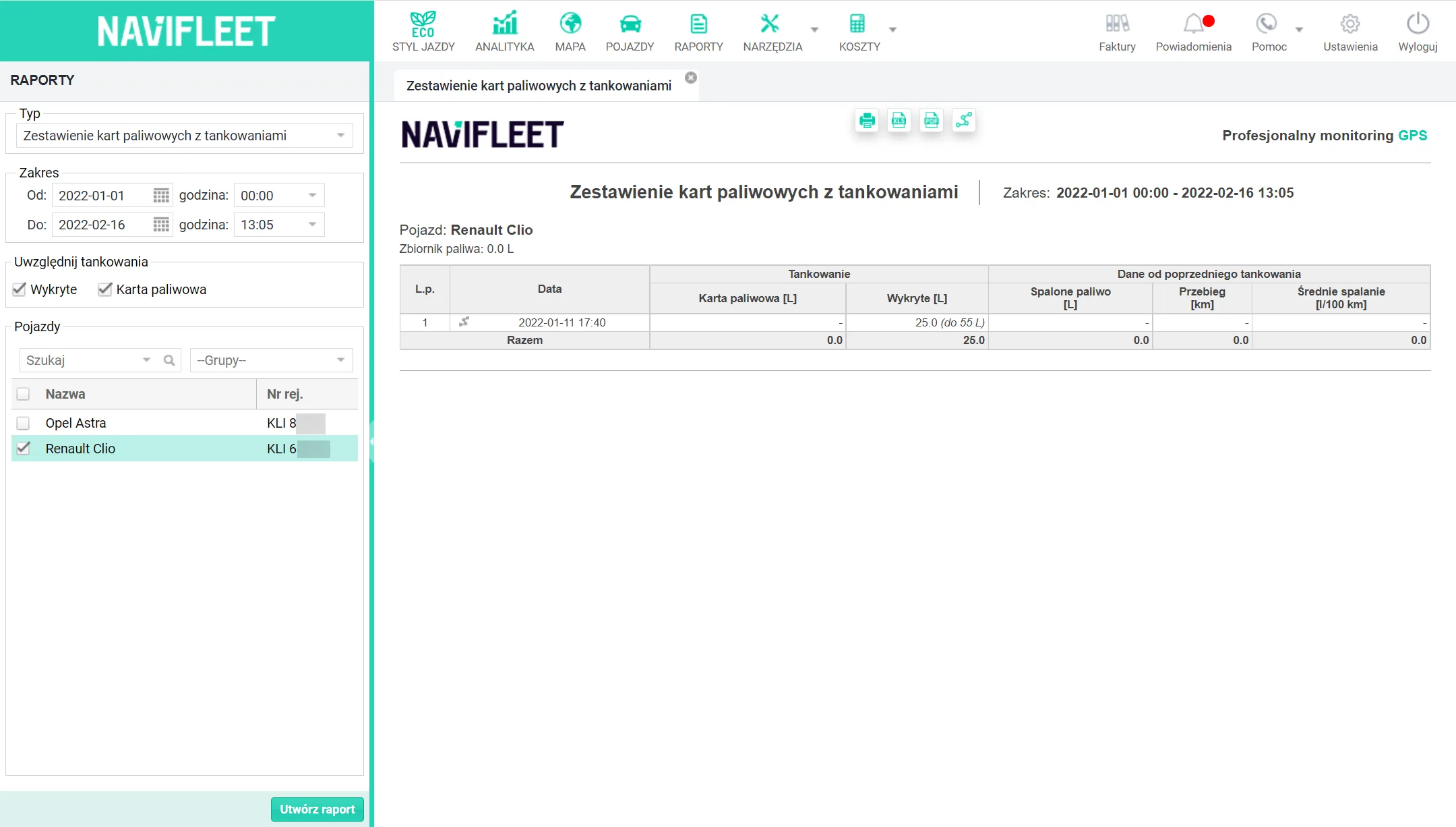 Fuel cards vs refuelling comparison report – screenshot of the Navifleet app