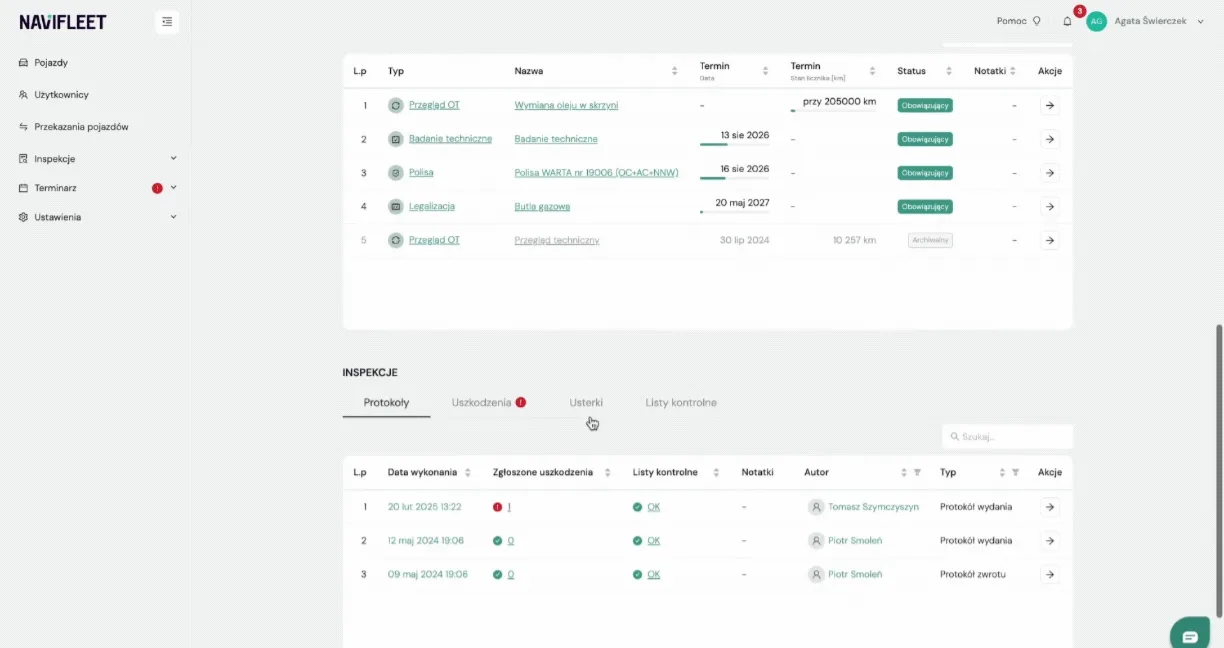Showing checklists in the vehicle details – screenshot of the Navifleet app