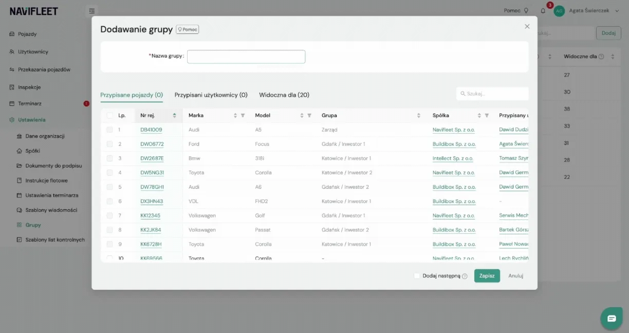Adding a group – screenshot of the Navifleet app