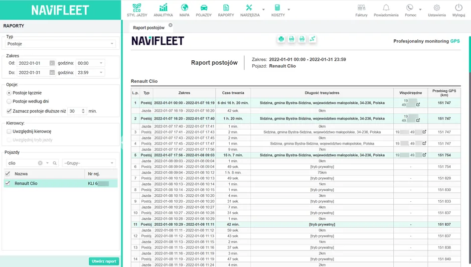 Private mode in the Stops report – screenshot of the Navifleet app